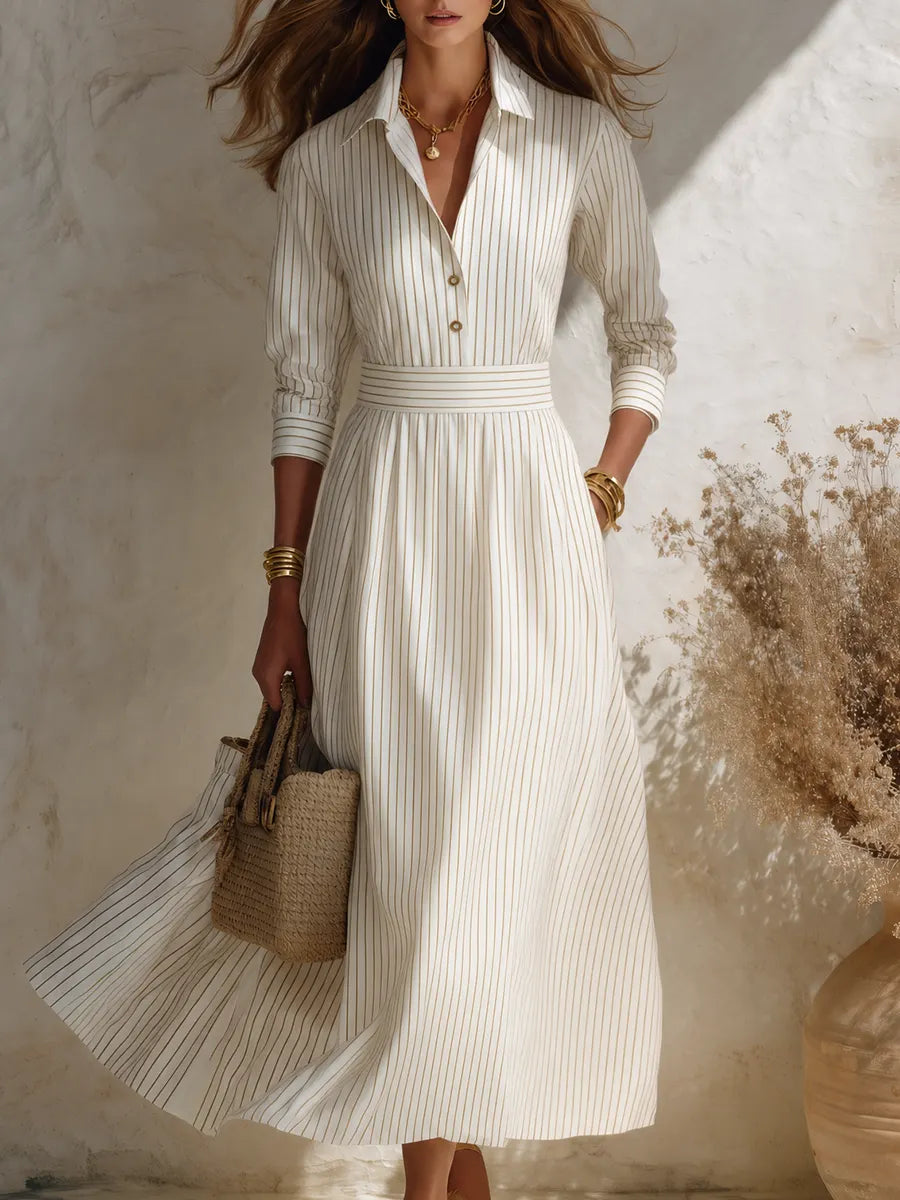 Resort-style Long-sleeve Striped Collared Midi Dress