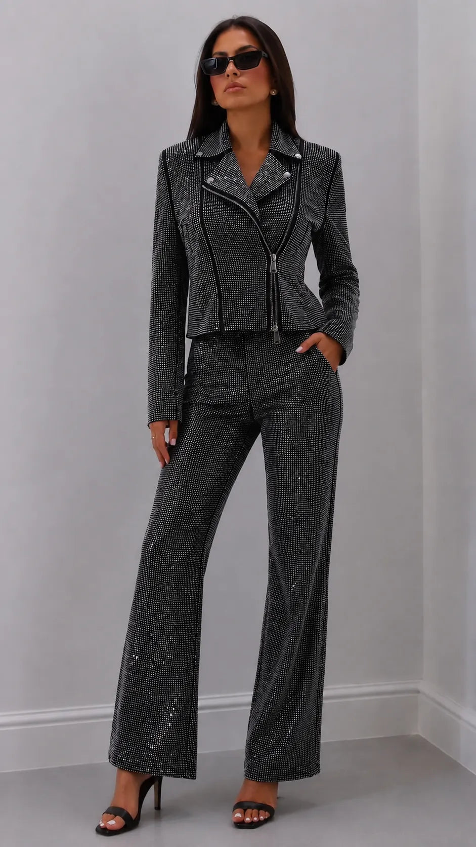 Rhinestone Biker Jacket & Wide Leg Pants Two‐Piece Suit