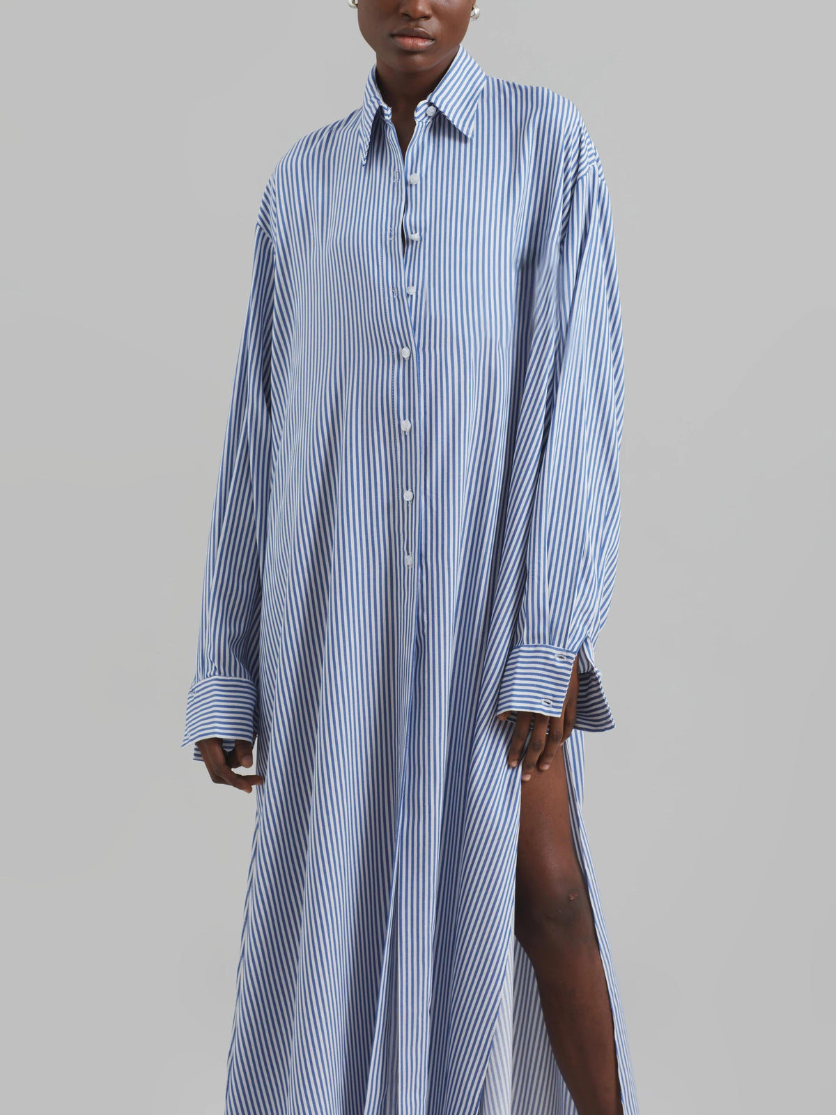 Avery Fluid Shirt Dress - White/Blue Stripe