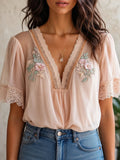 Boho Delicate Lace Floral Embroidered Chiffon Blouse