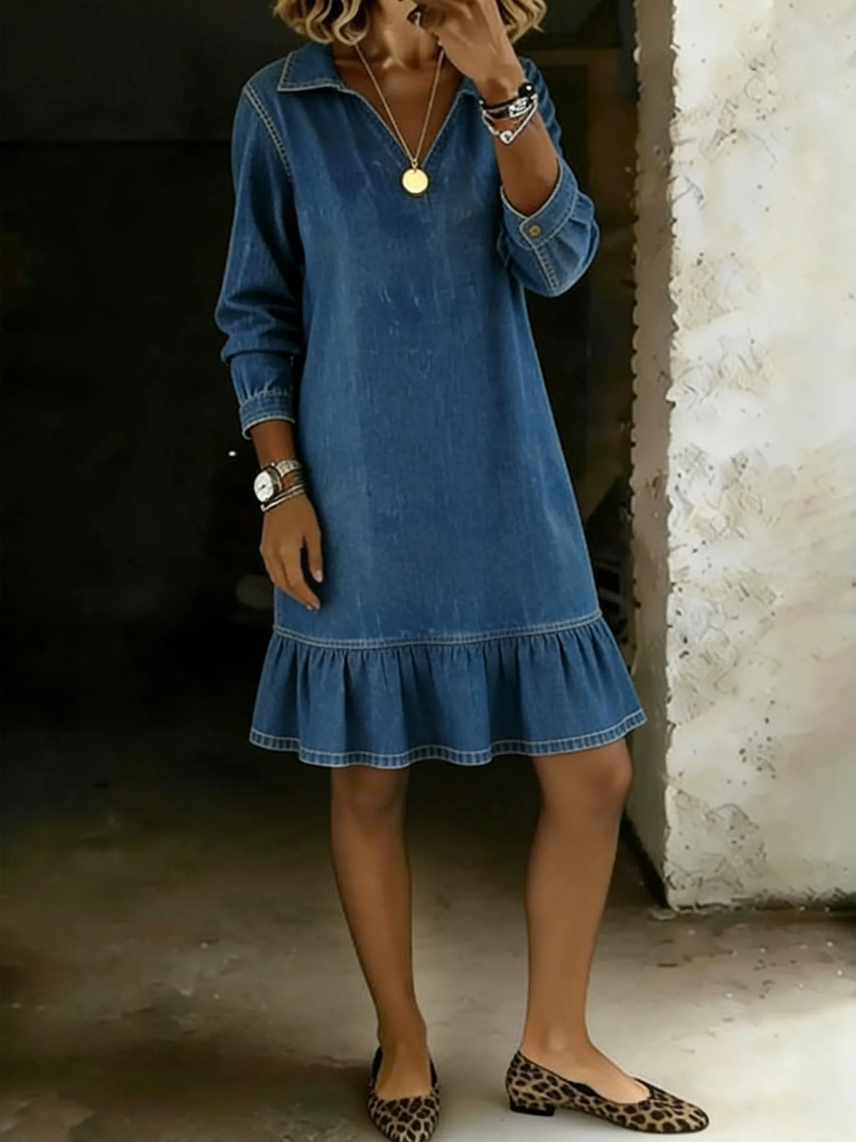 Women's Lapel Collar Pleated Long Sleeve Casual Loose Denim Dress
