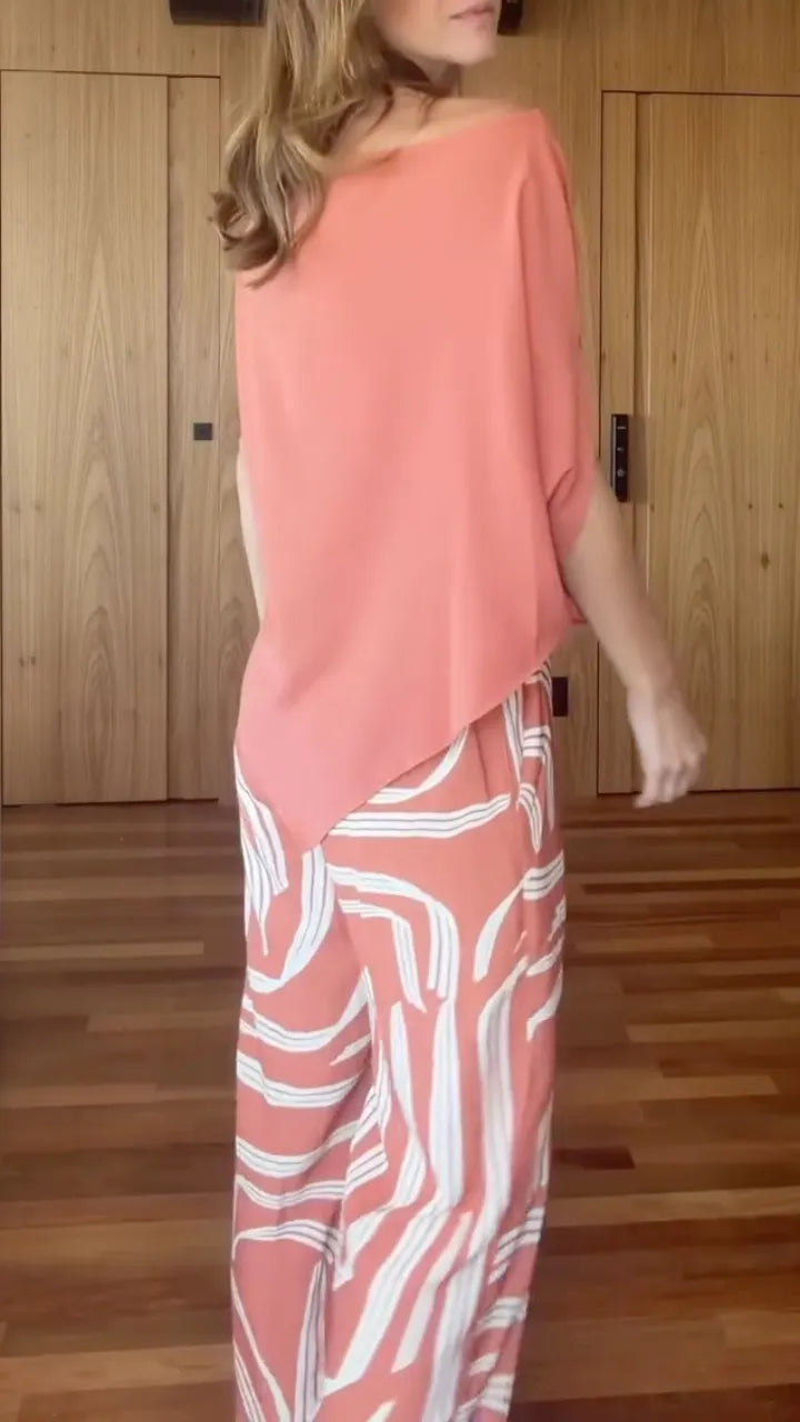 Off‐Shoulder Abstract Print Pant Two‐Piece Set