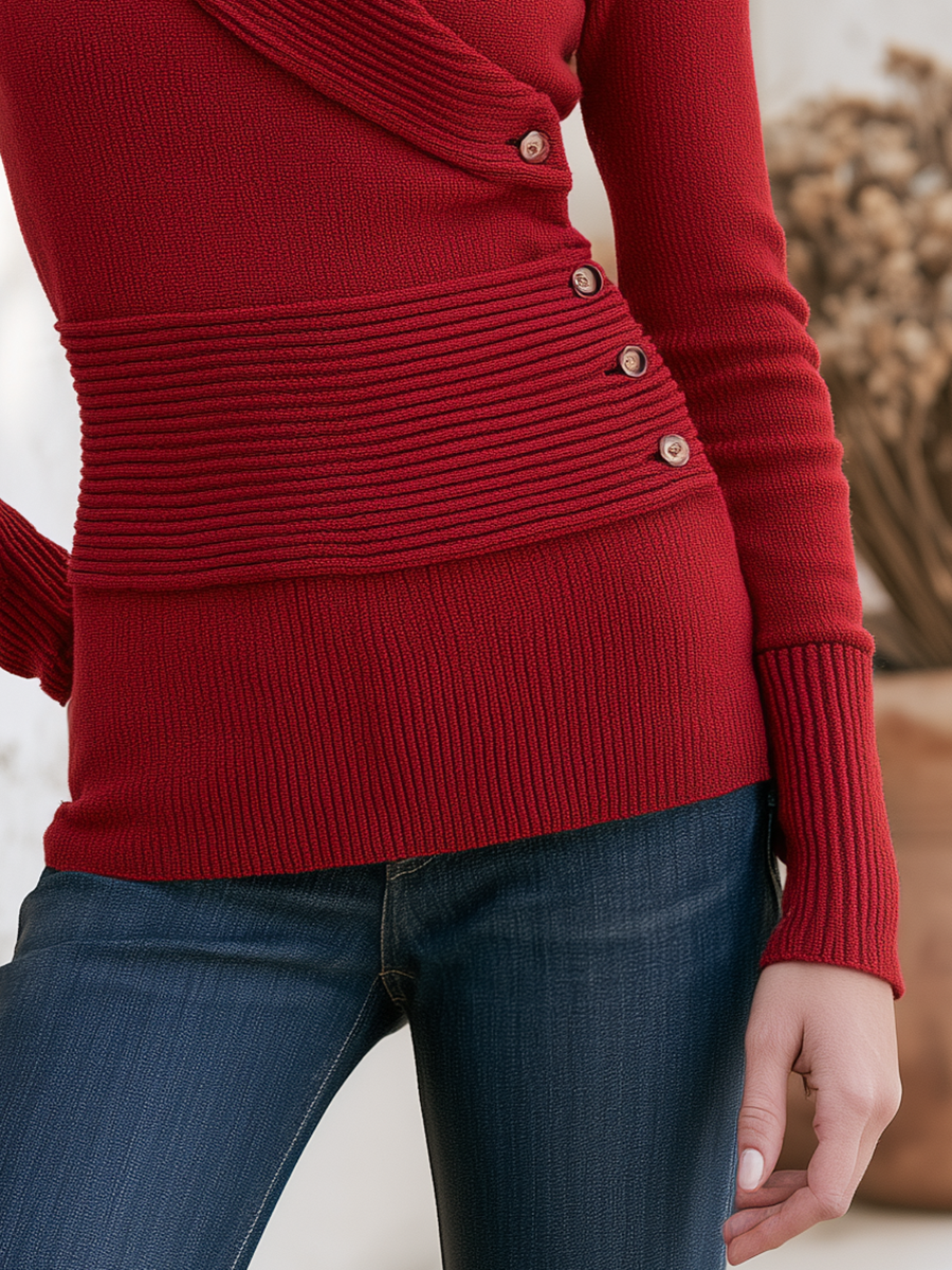 Retro-chic Long-sleeve Red Knit Top