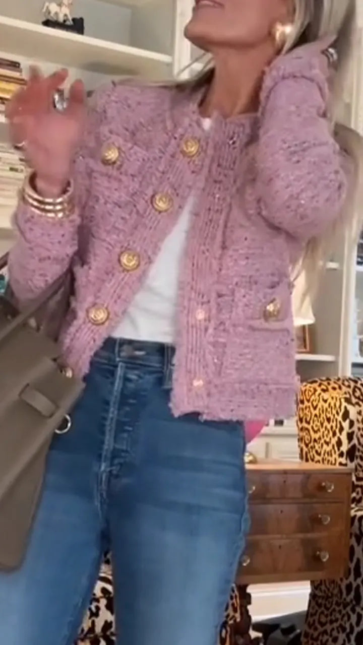 Women Round Neck Buckle Splicing Small Fragrant Style Jacket