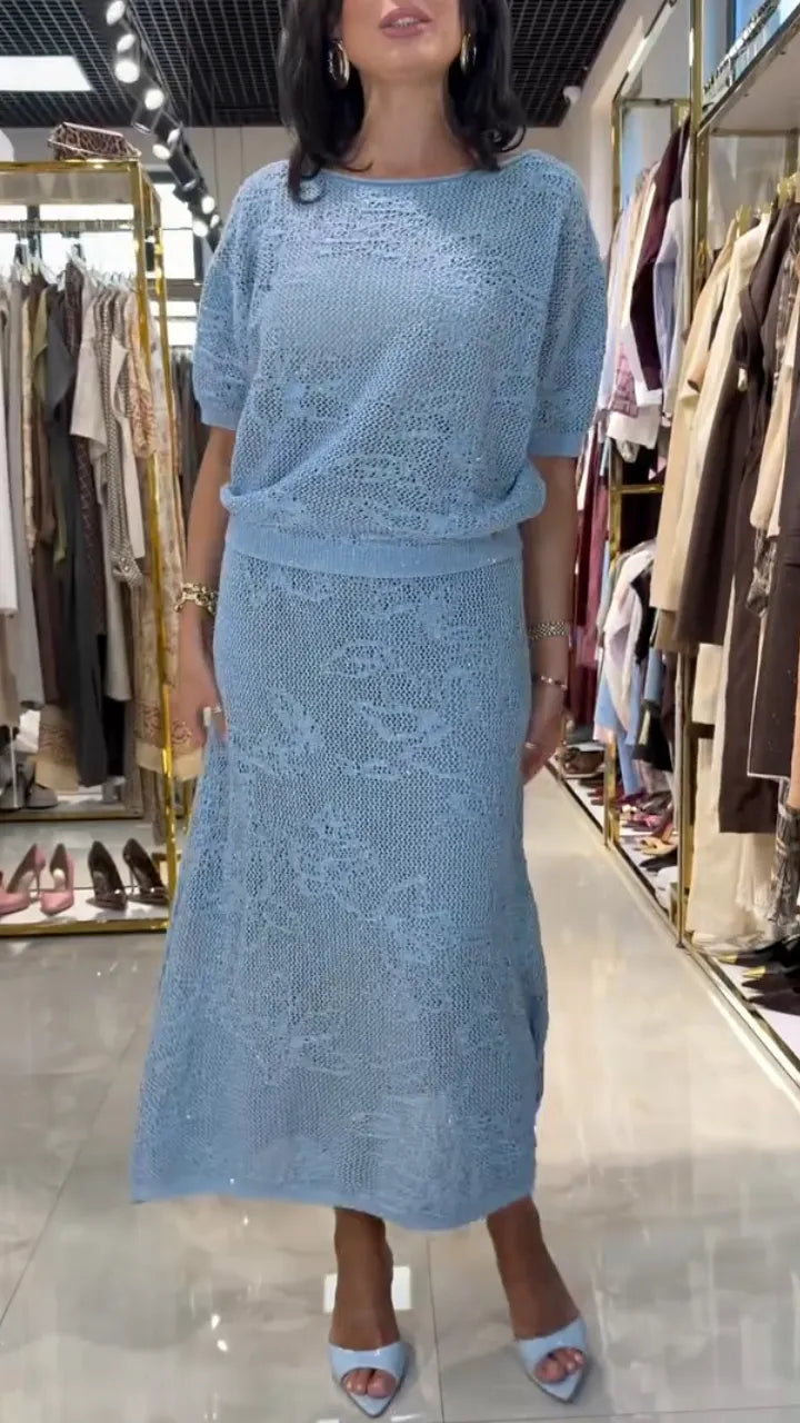 Crochet Knit Top Midi Skirt Two‐Piece Set