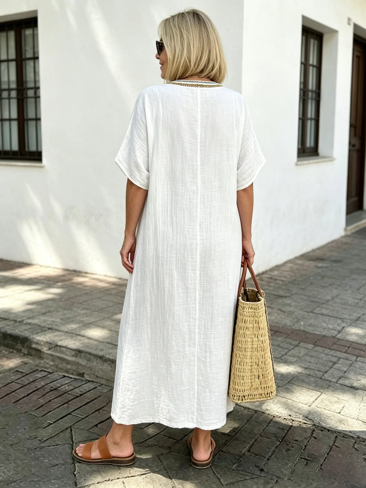 Cotton and Linen Embroidered Split Dress