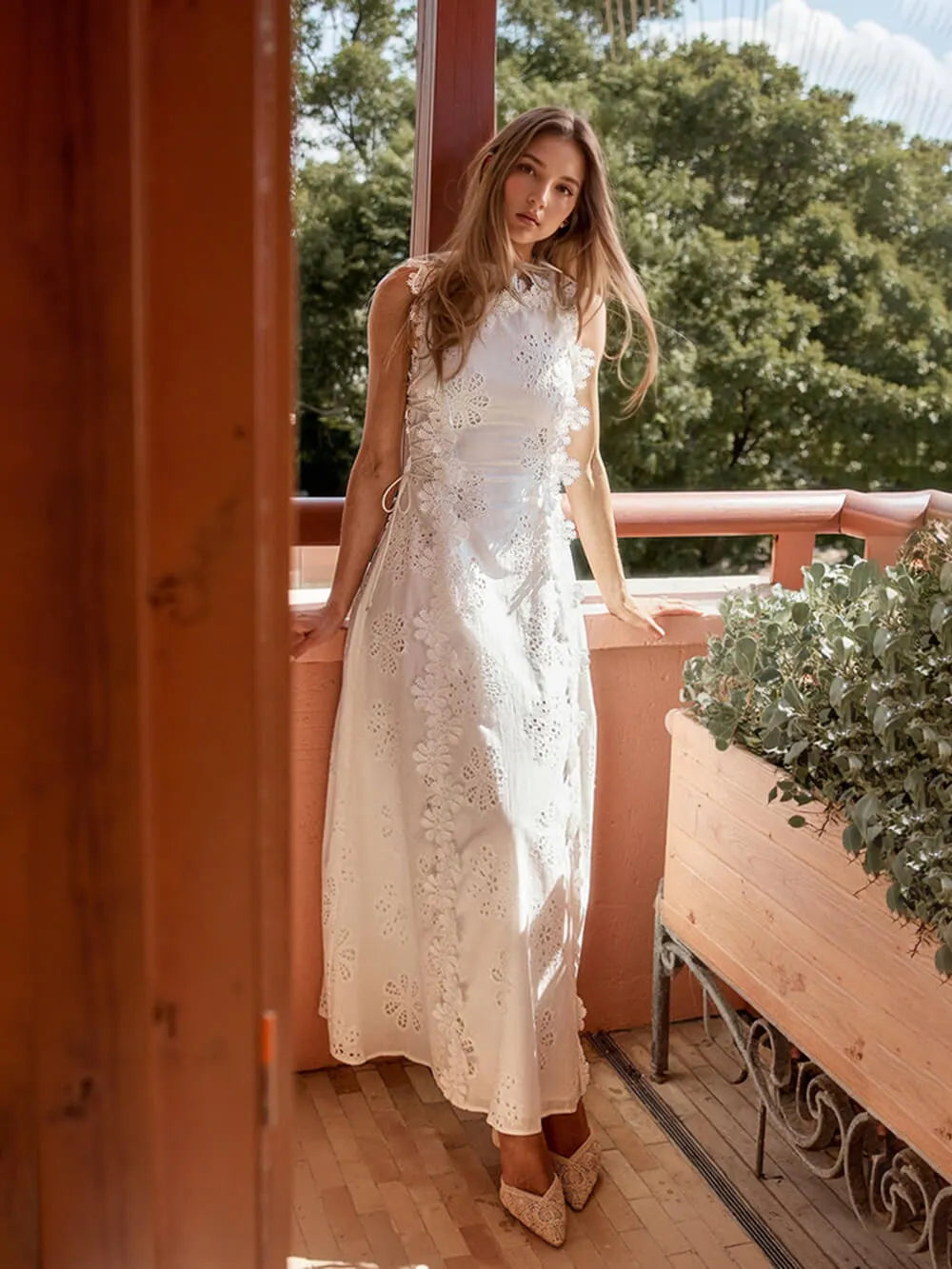 Delicate Lace Hook And Lace Up Sides Maxi Dress
