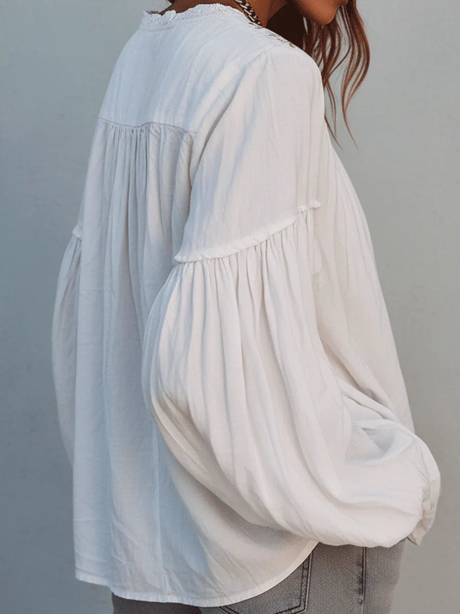 Boho White Embroidered Cotton Long Sleeve Blouse