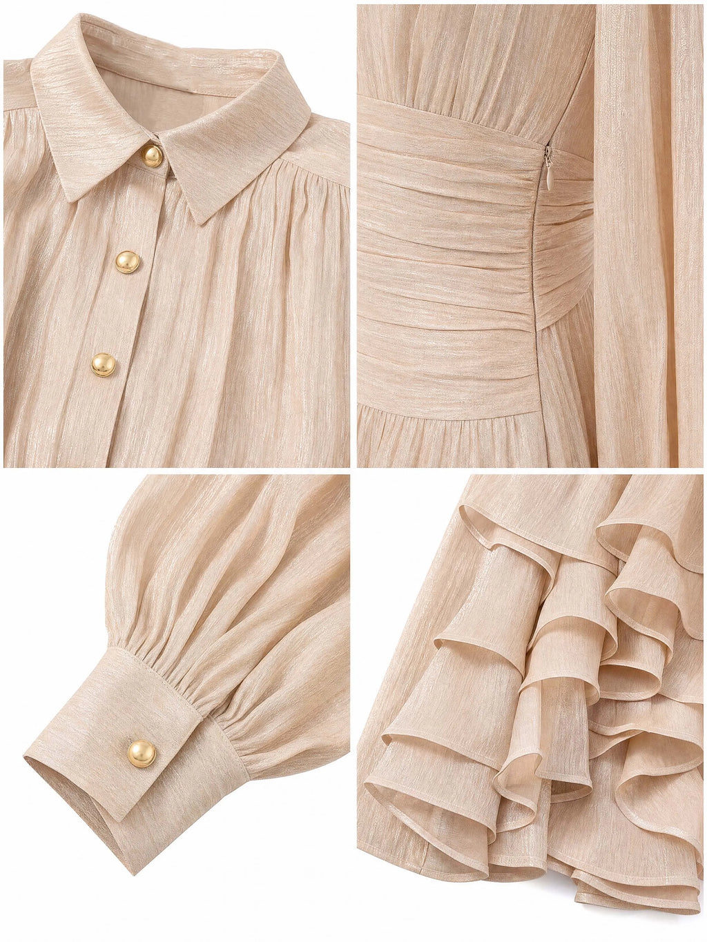 Vintage Champagne Shimmer Puff Sleeve Midi Dress