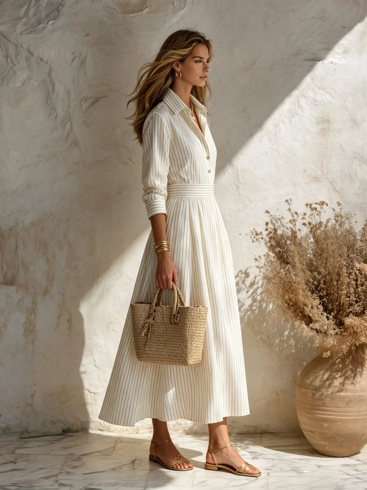 Resort-style Long-sleeve Striped Collared Midi Dress