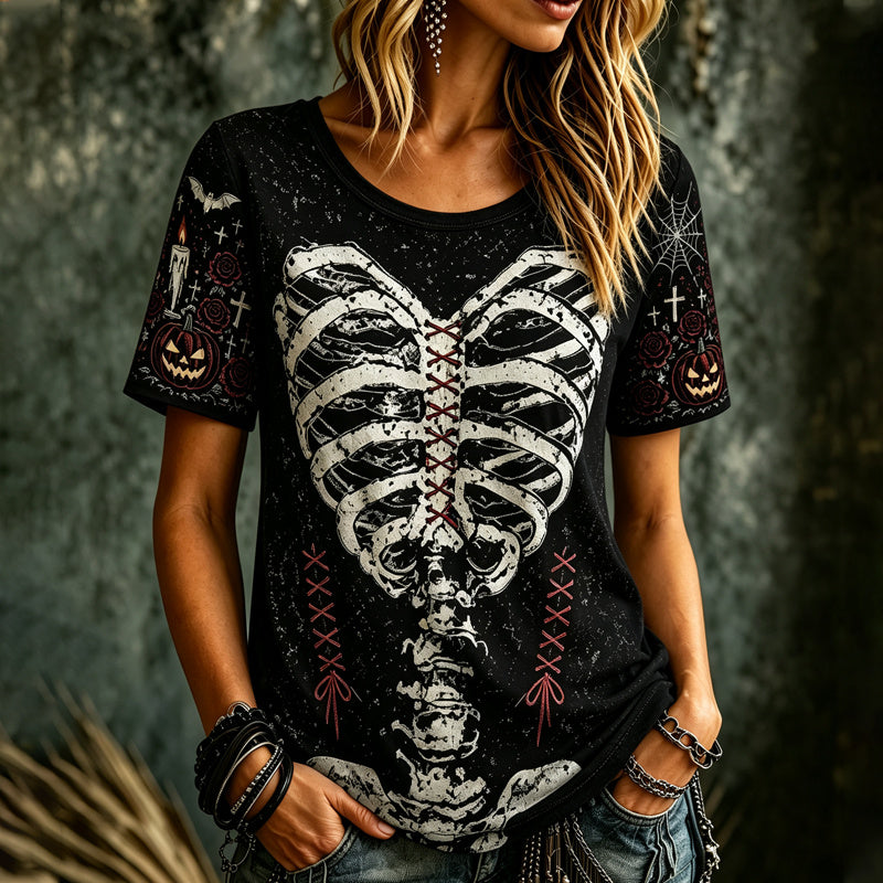Women's Gothic Halloween Style Skeleton Bow Short-sleeve Top