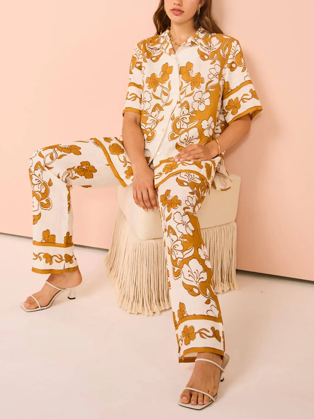 Floral Print Casual Short Sleeve Pants Set