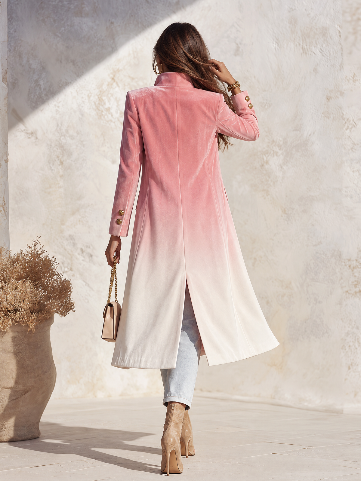 Elegant Gradient Print Stand Collar Single-breasted Mid-length Velvet Coat