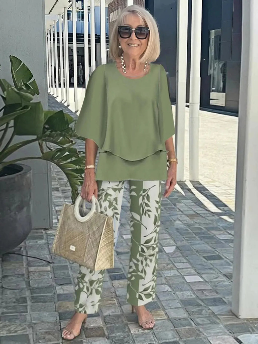 Casual Crew Neck Medium Sleeve Top Printed Floral Pants Set Two-piece Set