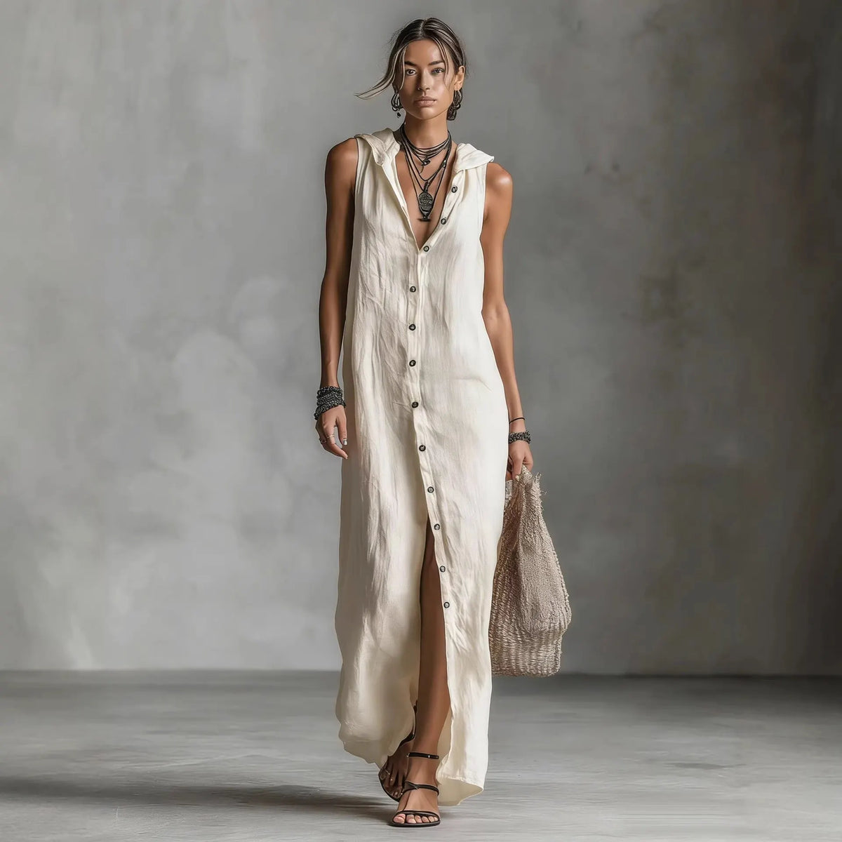 Sleeveless Maxi Dress With Hooded Collar And Front Button Closure