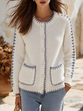 Resort Style Crew Neck Pocket Long Sleeve Cardigan