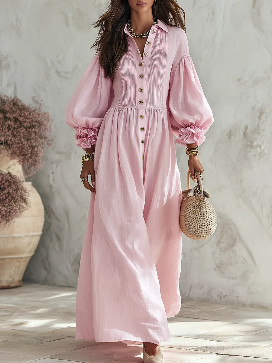 Resort-style V-neck Lantern Sleeve Solid Color Maxi Dress