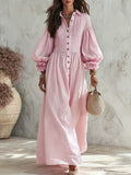 Resort-style V-neck Lantern Sleeve Solid Color Maxi Dress
