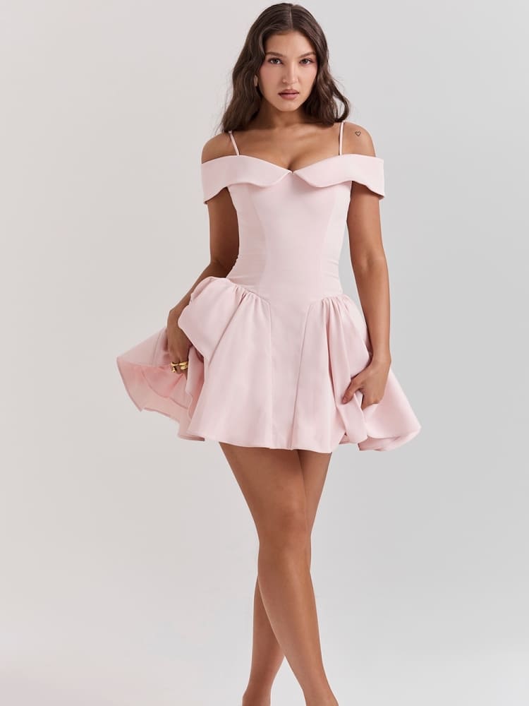 Ballet Pink Off-Shoulder Spaghetti Strap Mini Dress