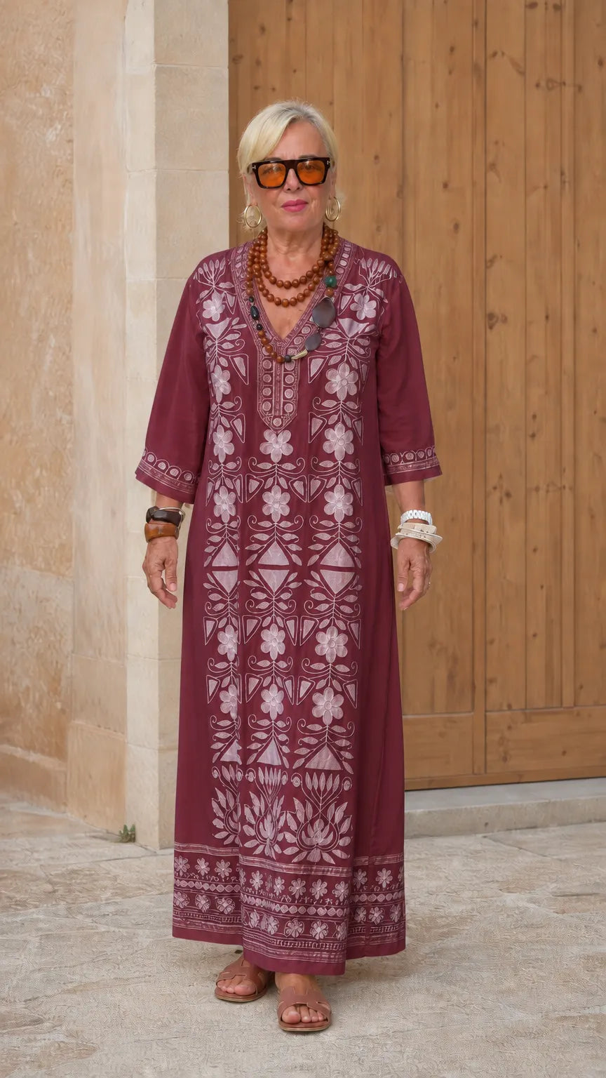 Embroidered V-Neck Kaftan Maxi Dress with 3/4 Sleeves