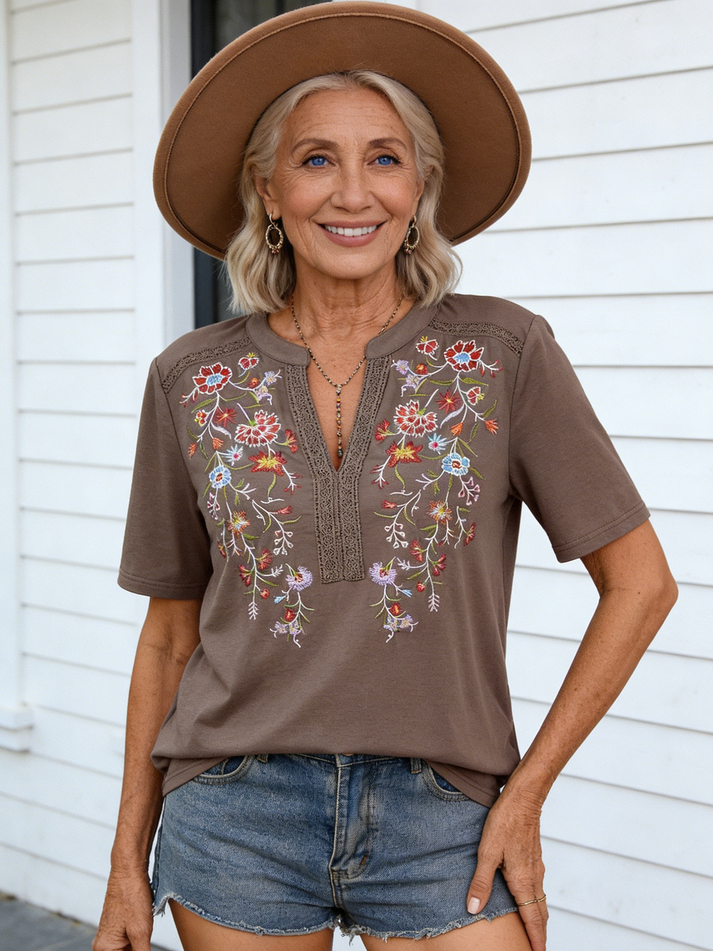 Embroidery Fashion 10,000 Needles Embroidery Splicing Lace Lace Top Women's T