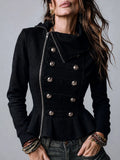 Boho Military Style Asymmetric-placket Double-Breasted Buttons Peplum Jacket