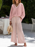 Women’s V-Neck Linen Blend Striped Two Piece Set