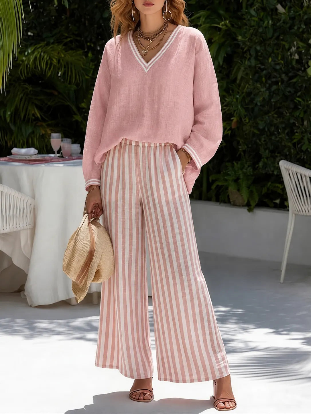 Women’s V-Neck Linen Blend Striped Two Piece Set