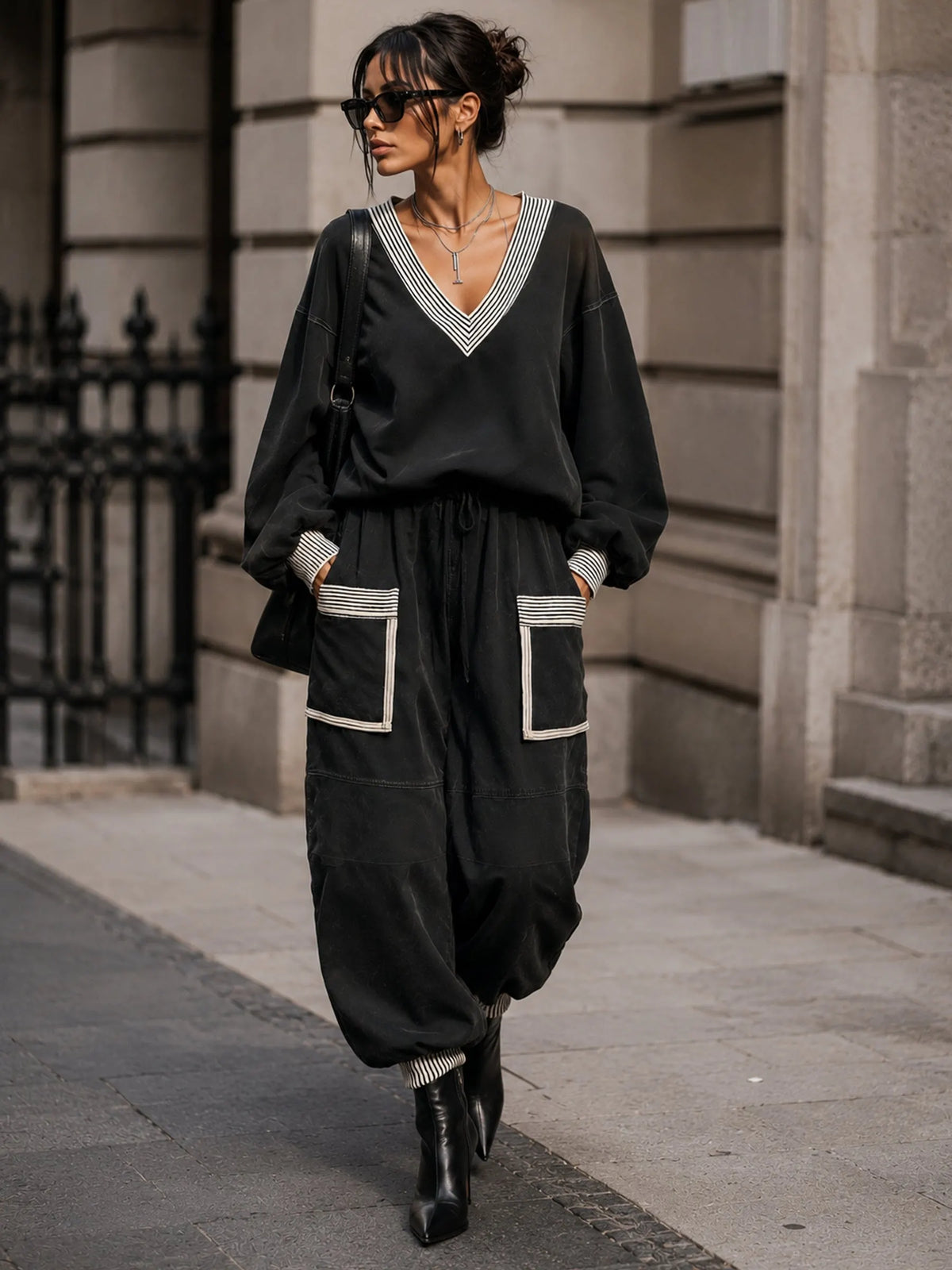 Oversized Contrast Trim V Neck Sweatshirt And Utility Jogger Set
