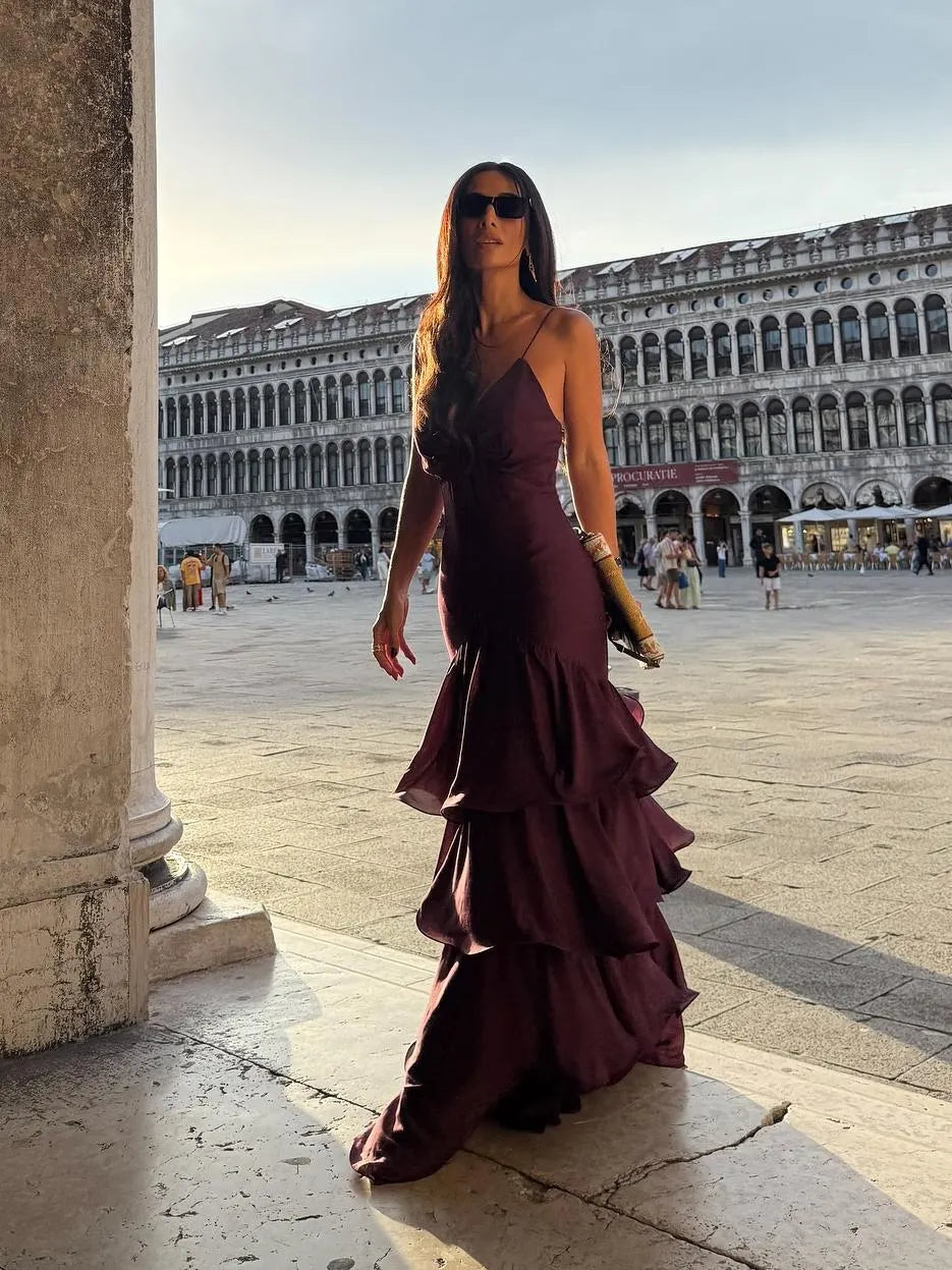 Elegant Burgundy Tiered Maxi Dress