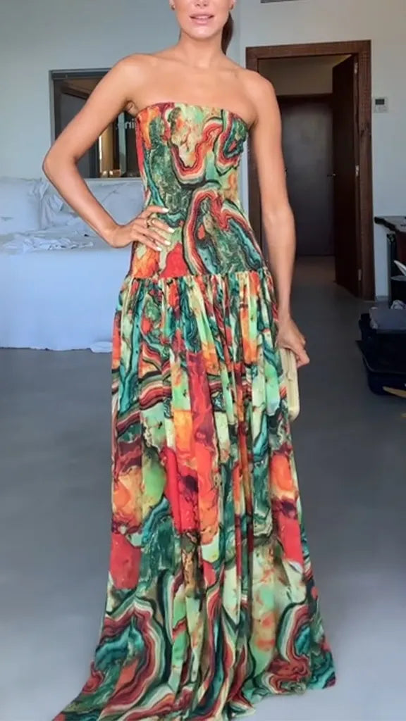 Ladies Strapless Patchwork Multi-color Elegant Temperament Dinner Party Dress