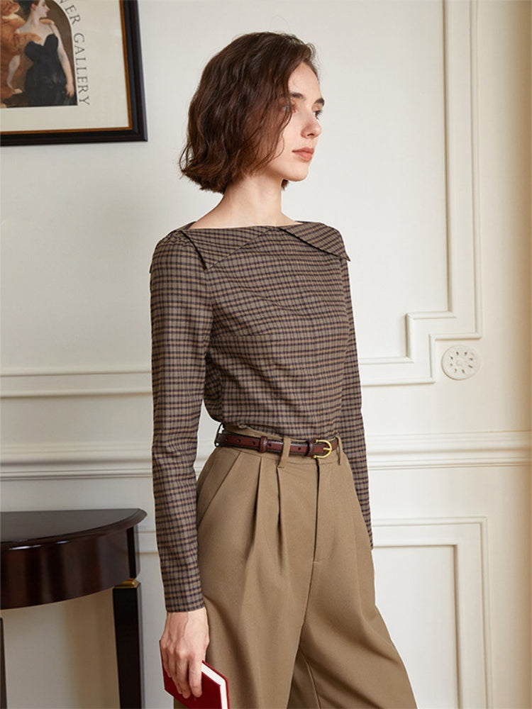 French Vintage Off-Shoulder Plaid Blouse