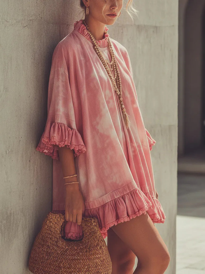 Pink Tie-Dye Print Ruffled Loose Mini Dress