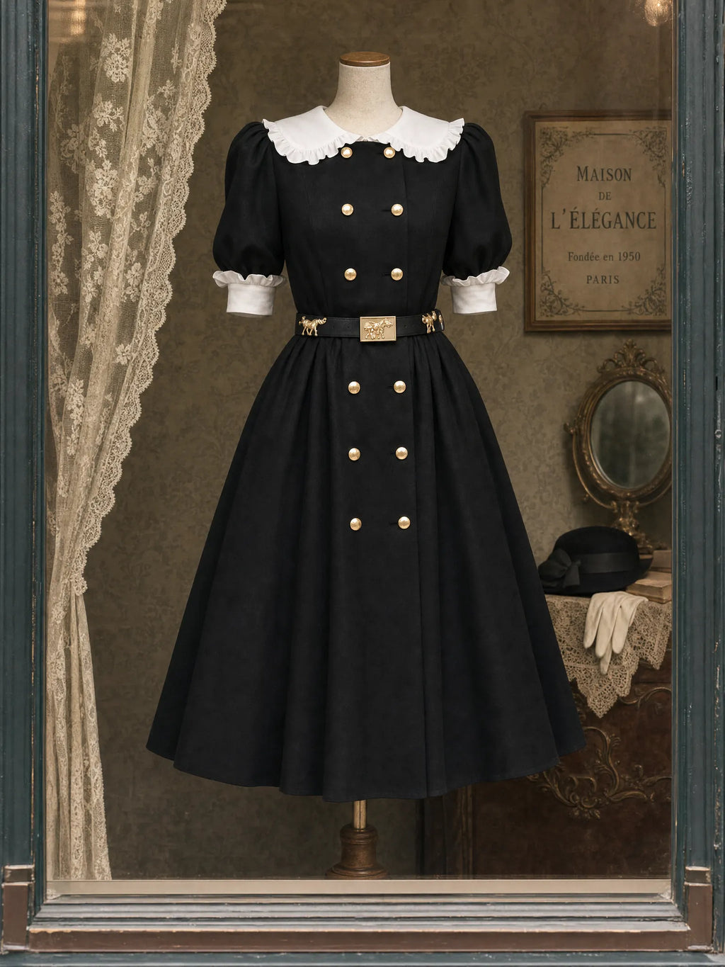 Vintage Double-breasted Lapel Ruffle Trim Midi Dress