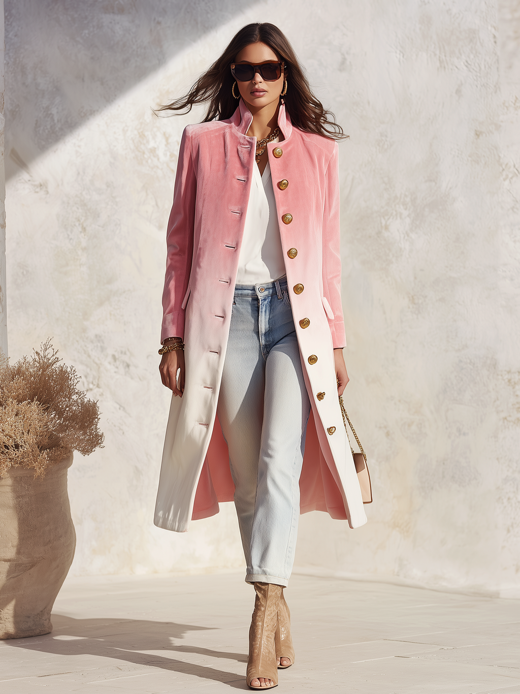 Elegant Gradient Print Stand Collar Single-breasted Mid-length Velvet Coat