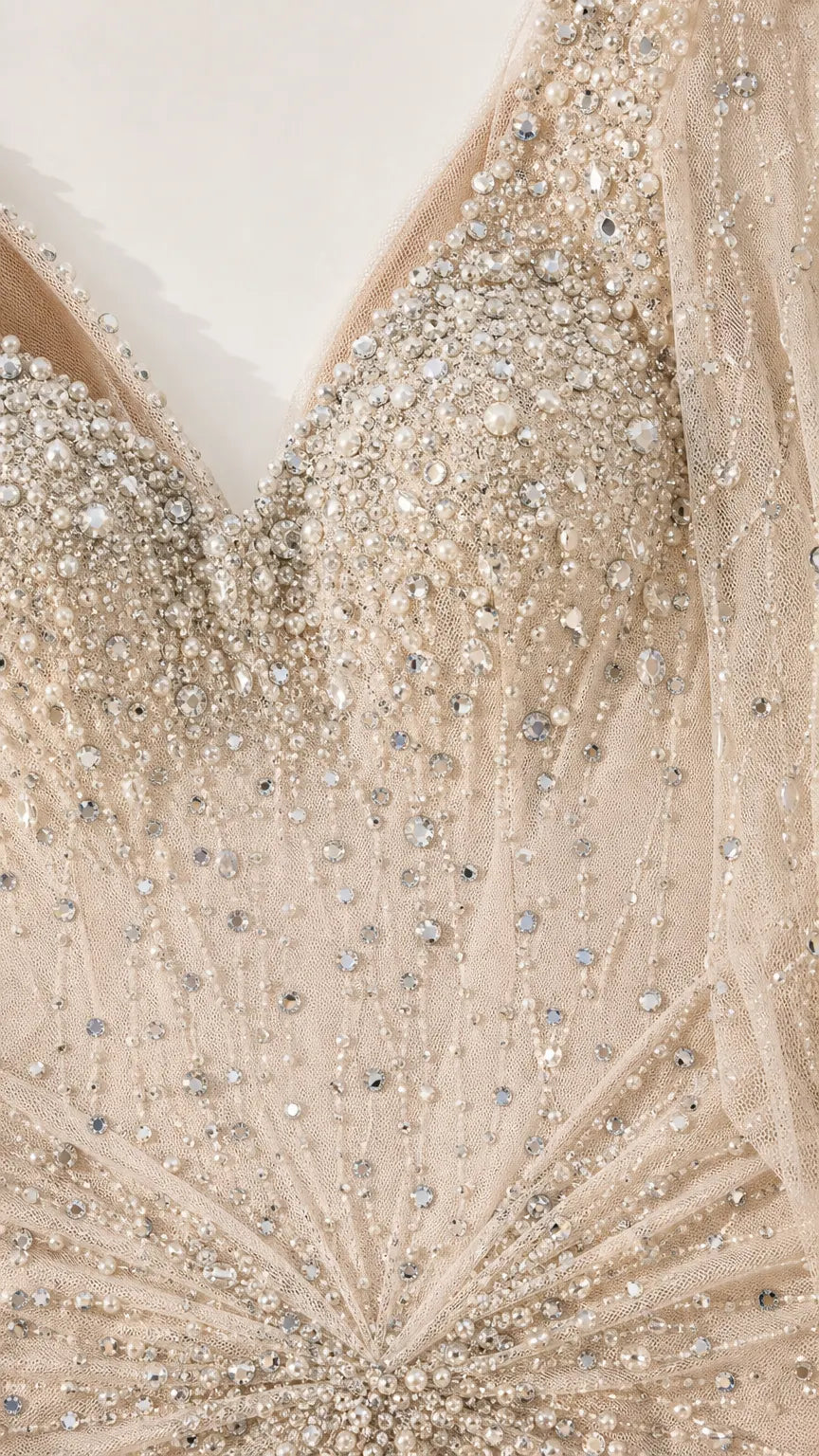 One-Shoulder Beaded Evening Gown with Draped Cape Sleeve