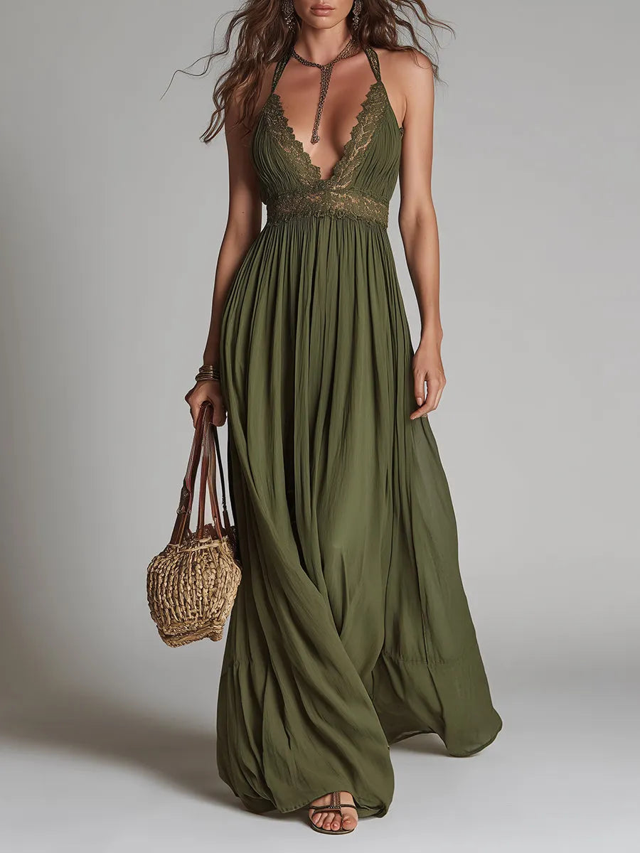 Boho Halter-Neck Maxi Dress With Lace Inserts