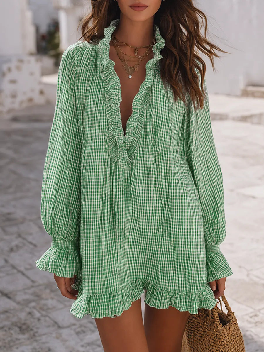 Santorini Breeze Blue Gingham Ruffle Mini Dress