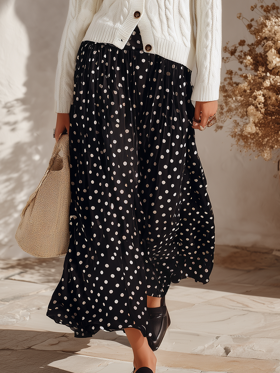 Vacation-style V-neck Long-sleeve Knit Cardigan And Polka-dot Skirt Set