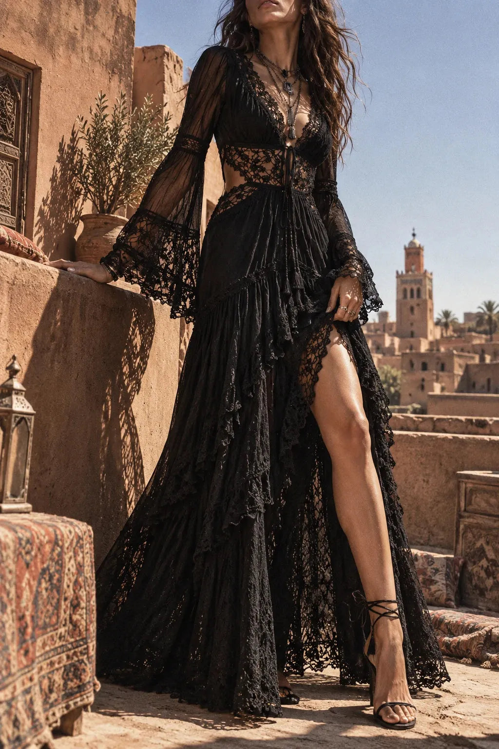 Black Lace Bell Sleeve Deep V Boho Maxi Dress