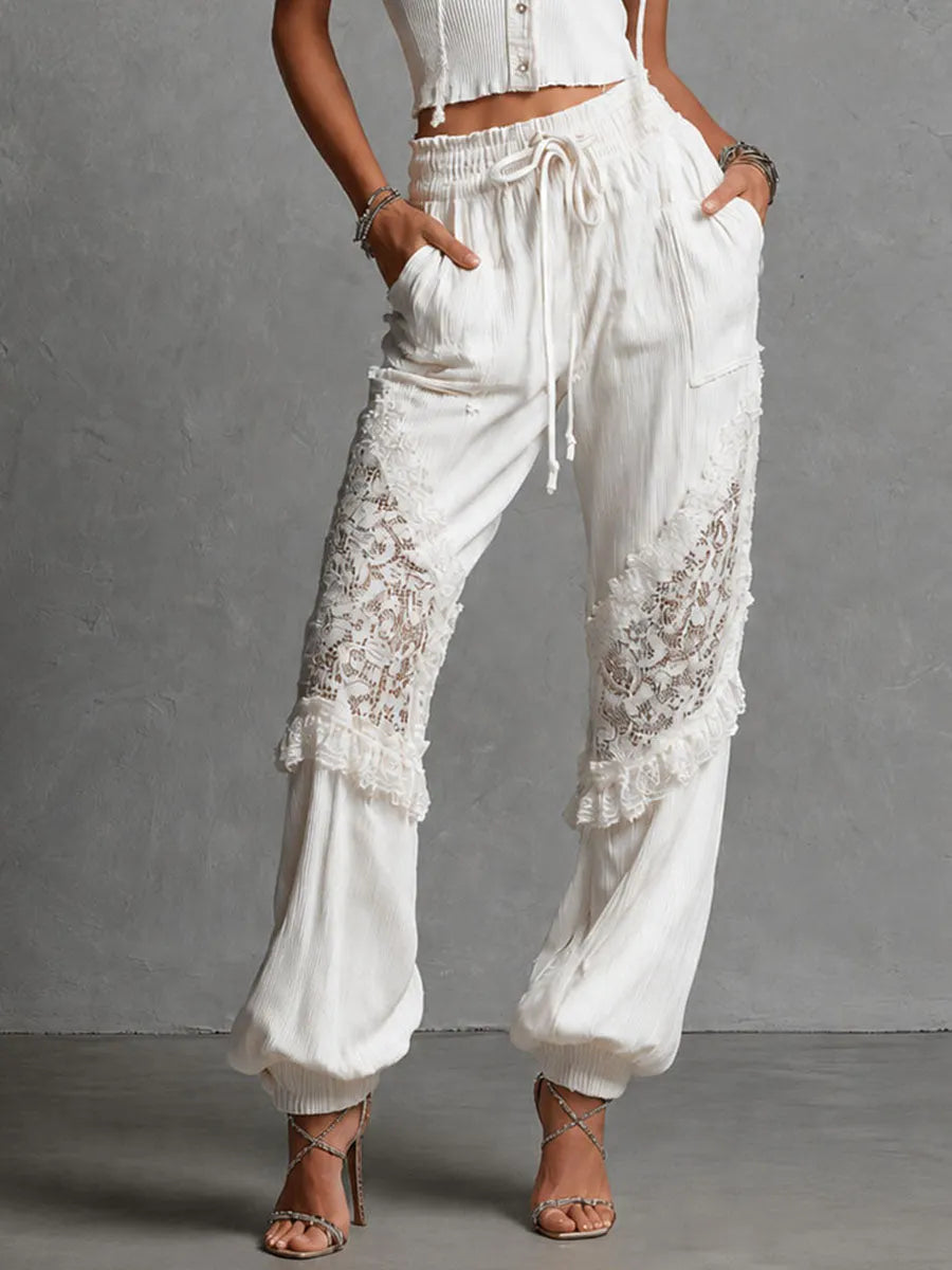 Boho Chic White Lace Panel Knite Hooded Top & Drawstring Pants Set