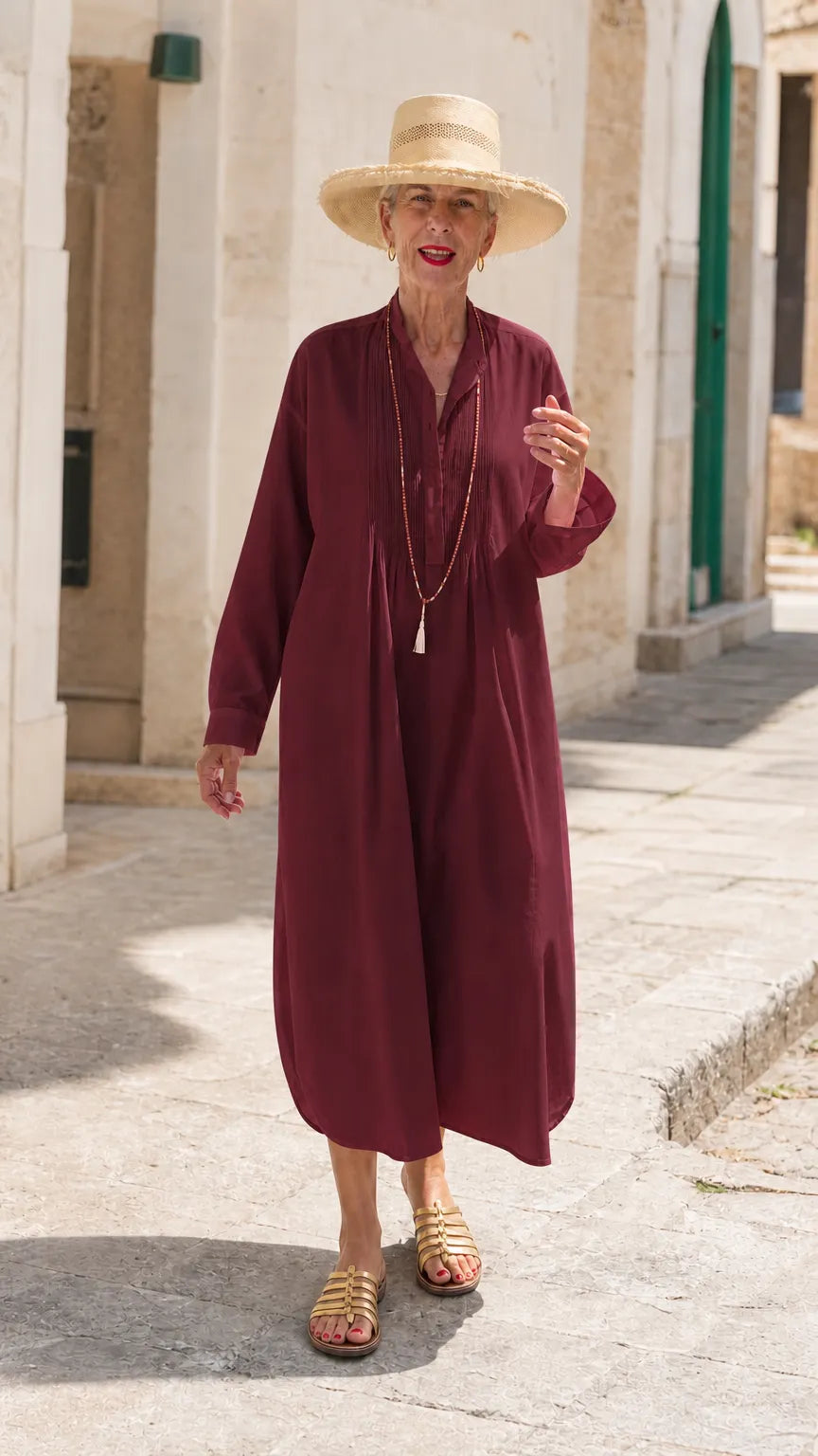 Women's Pintuck Pleated Button Midi Shirt Dress Loose Long Sleeve Caftan