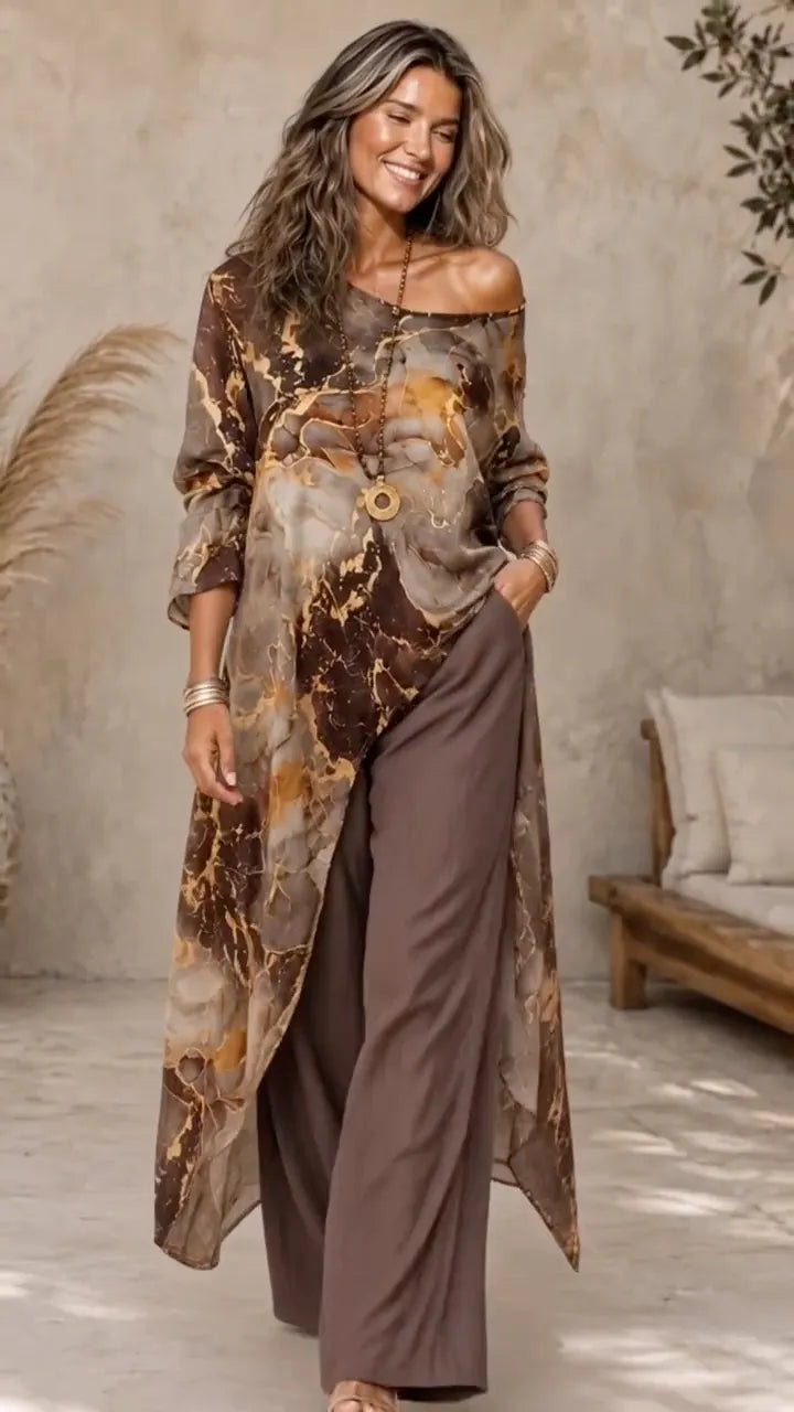 # Bohemian Printed Long Kimono And Wide‐Leg Pants Two‐Piece Set