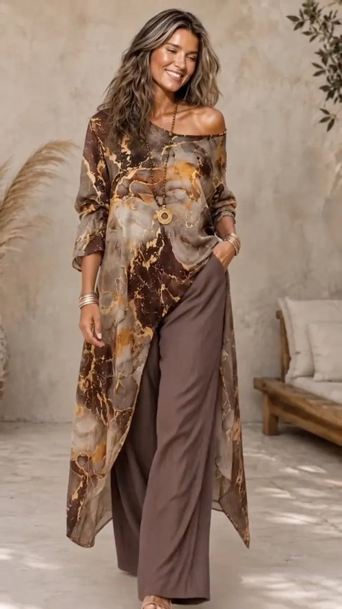 # Bohemian Printed Long Kimono And Wide‐Leg Pants Two‐Piece Set