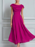 Draped Cowl Neck Cap Sleeve Flowy Chiffon Midi Dress