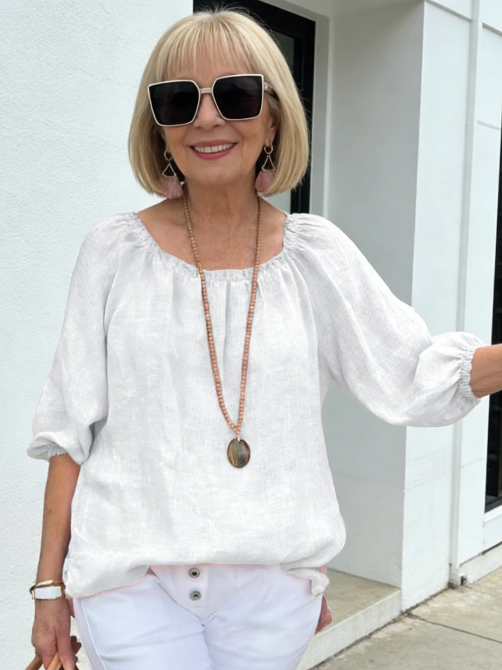 Solid Color Round Neck Medium Sleeve Pullover Cotton and Linen Casual Top