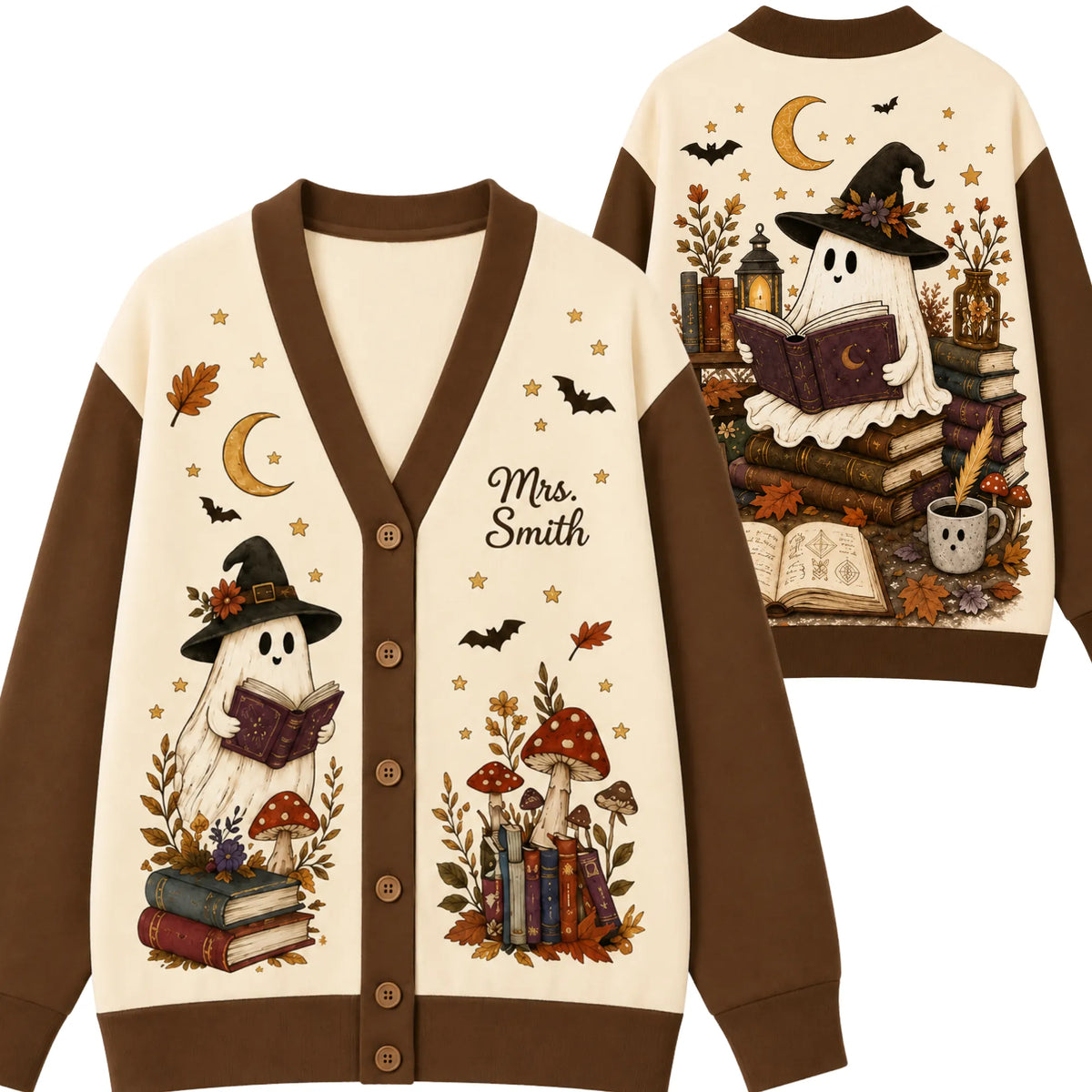 Chaotic Club Cozy Fall Bookish Ghost Halloween Teacher Cardigan