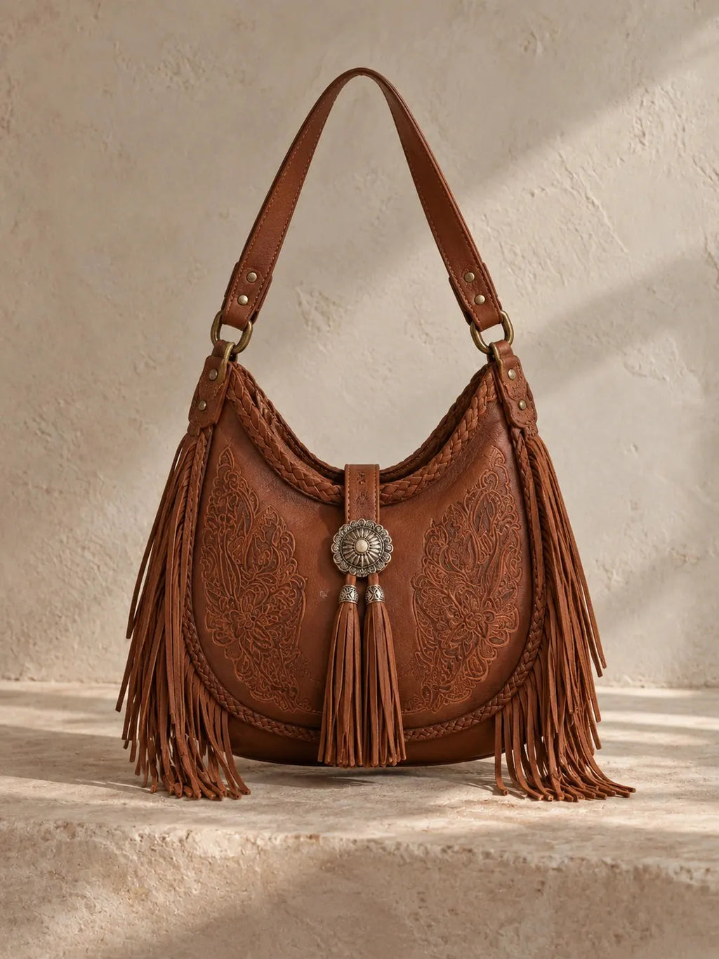 Boho Fringe Embossed Leather Hobo Bag