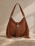 Boho Fringe Embossed Leather Hobo Bag