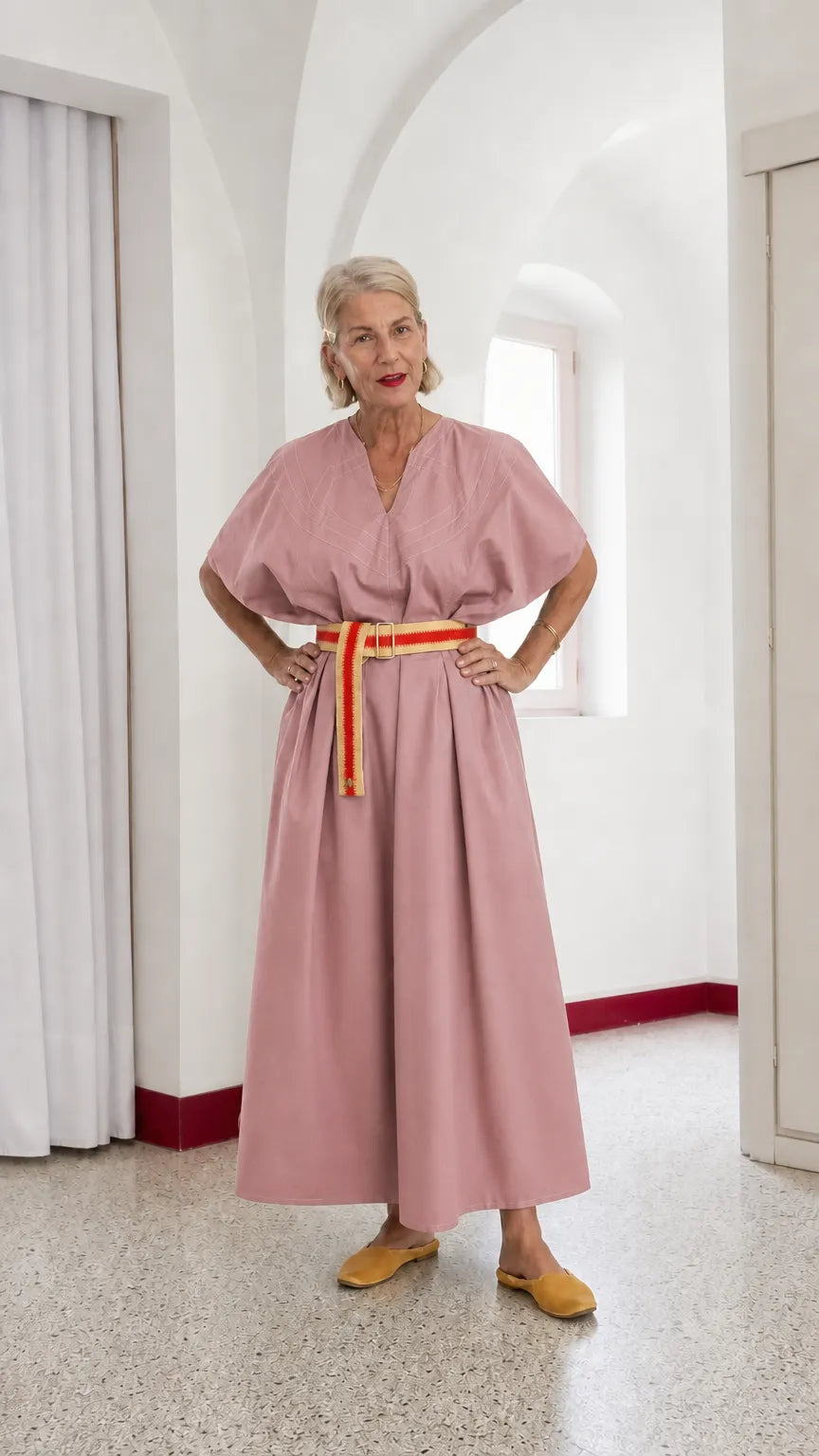 Women's V-Neck Belted Kimono Maxi Dress with Topstitch Detail